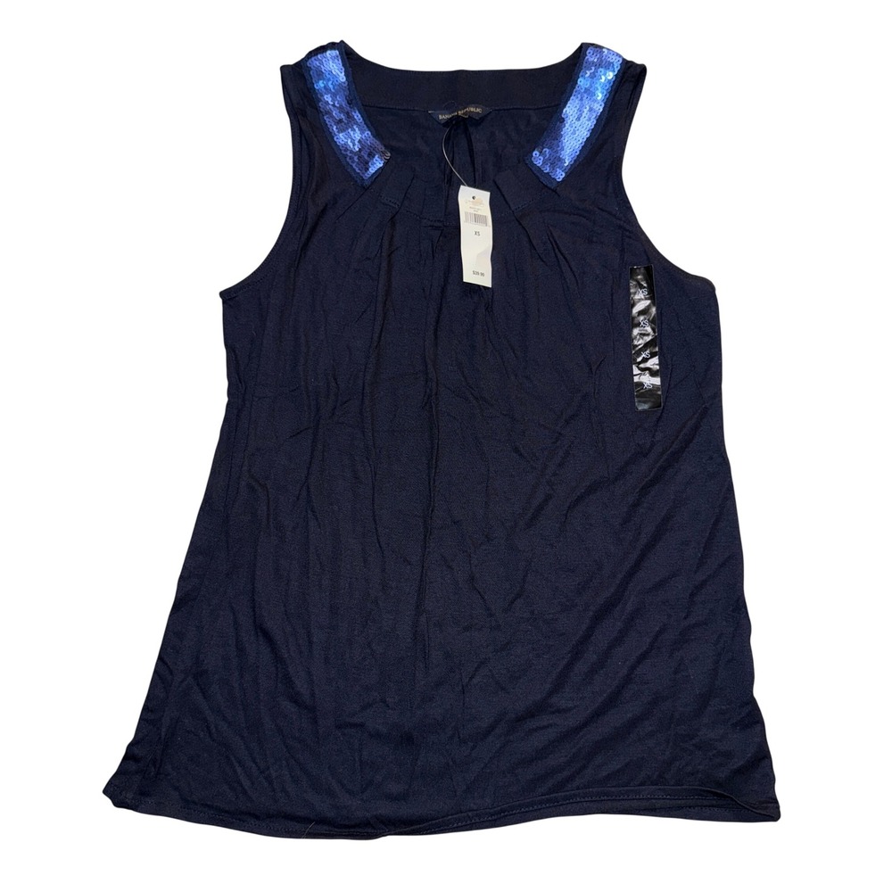Banana Republic Sleeveless Top XS‎ Navy Blue Sequin Neck Pleated Front NWT